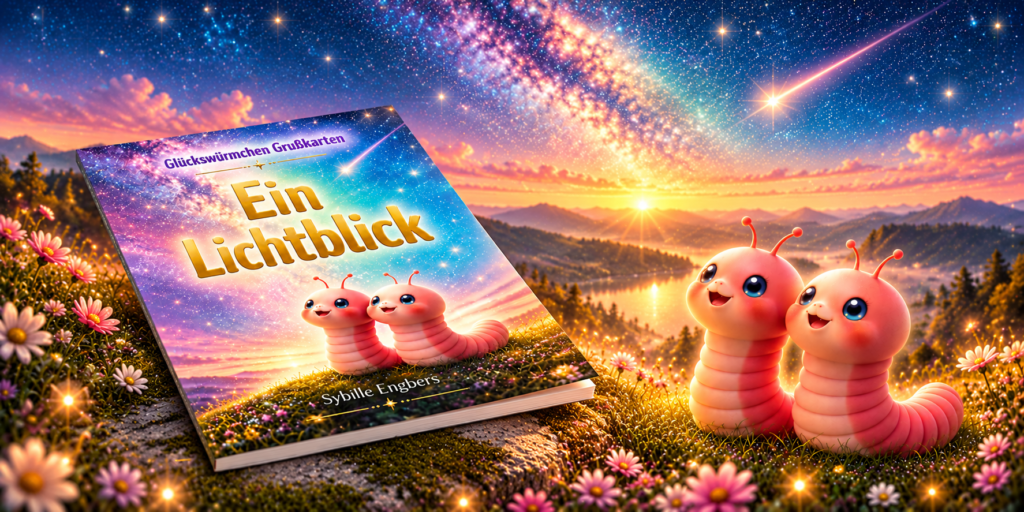 Glückswürmchen Grußkarten Buch „Ein Lichtblick“ von Sybille Engbers. Das Taschenbuch liegt in einer märchenhaften Landschaft mit zwei rosafarbenen Glückswürmchen, funkelndem Sternenhimmel und Sonnenuntergang.