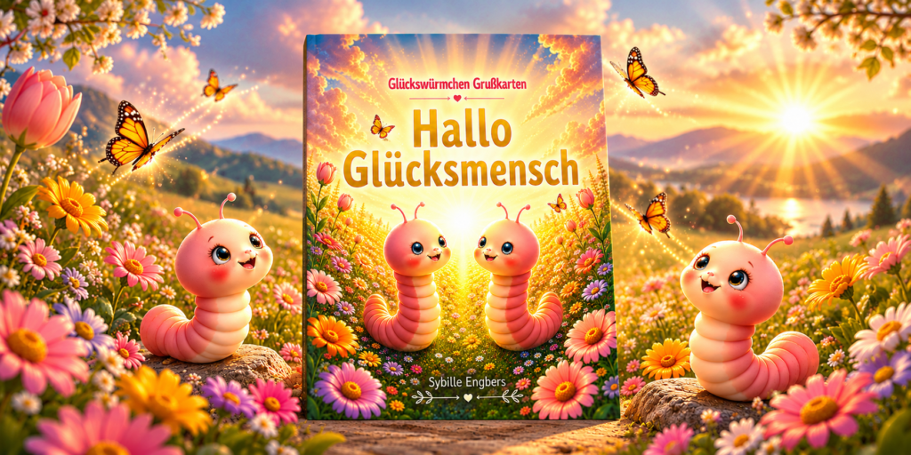 Glückswürmchen Grußkarten Buch „Hallo Glücksmensch“ von Sybille Engbers. Das Buch steht mittig in einer farbenfrohen Blumenwiese, umgeben von zwei niedlichen Glückswürmchen, Schmetterlingen und goldenem Sonnenlicht.