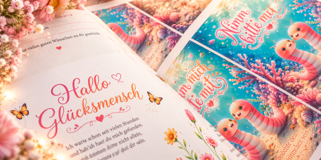 Aufgeschlagenes Glückswürmchen Grußkarten Buch „Hallo Glücksmensch“ von Sybille Engbers. Links ist das Gedicht „Hallo Glücksmensch“ zu sehen, rechts befinden sich bunte Grußkarten mit zwei rosafarbenen Glückswürmchen in einer türkisfarbenen Unterwasserwelt.