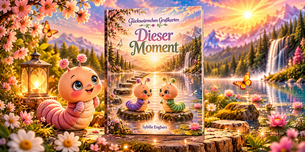 Buchcover „Dieser Moment“ von Sybille Engbers in einer märchenhaften Seenlandschaft mit Bergen, Wasserfall, Blumen und Schmetterlingen. Daneben ein niedliches rosafarbenes Glückswürmchen.