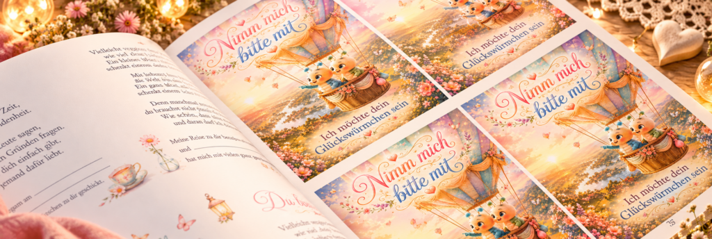 Aufgeschlagenes Glückswürmchen Grußkarten Buch „Dieser Moment“ von Sybille Engbers mit liebevollen Gedichten und bunten Grußkarten. Die Karten zeigen zwei niedliche Glückswürmchen bei einer Heißluftballonfahrt.