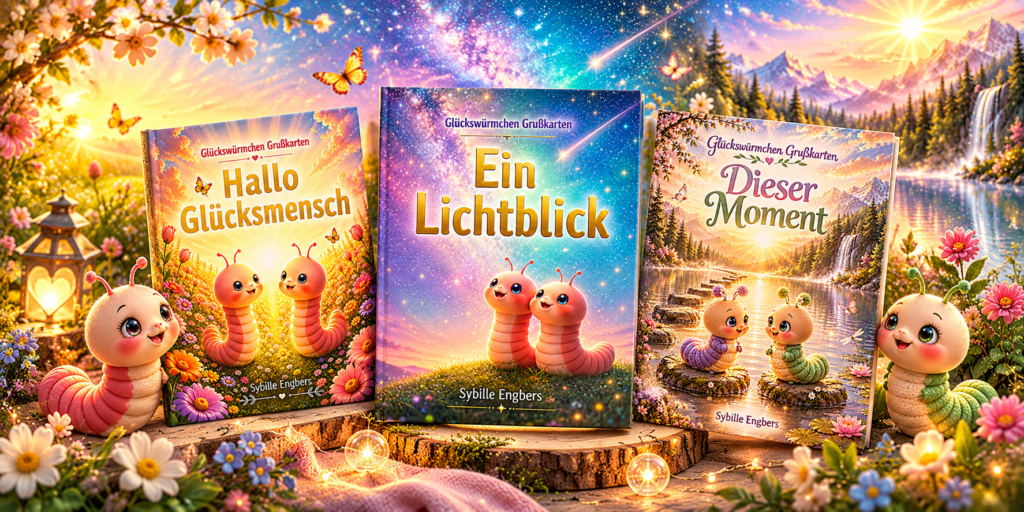 Drei Glückswürmchen Grußkarten Bücher von Sybille Engbers: „Hallo Glücksmensch“, „Ein Lichtblick“ und „Dieser Moment“, umgeben von Blumen, funkelnden Sternen und kleinen Glückswürmchen.