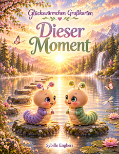 Buchcover ‚Dieser Moment‘ von Sybille Engbers aus der Glückswürmchen Grußkarten Buchreihe. Zwei niedliche, hellfarbene Glückswürmchen mit rosa und grünen Akzenten sitzen auf Steinen in einem Bergsee bei Sonnenuntergang.