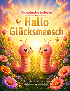 Glückswürmchen Grußkarten Buch „Hallo Glücksmensch“ von Sybille Engbers. Zwei fröhliche rosa Glückswürmchen auf einer bunten Blumenwiese im Sonnenschein.