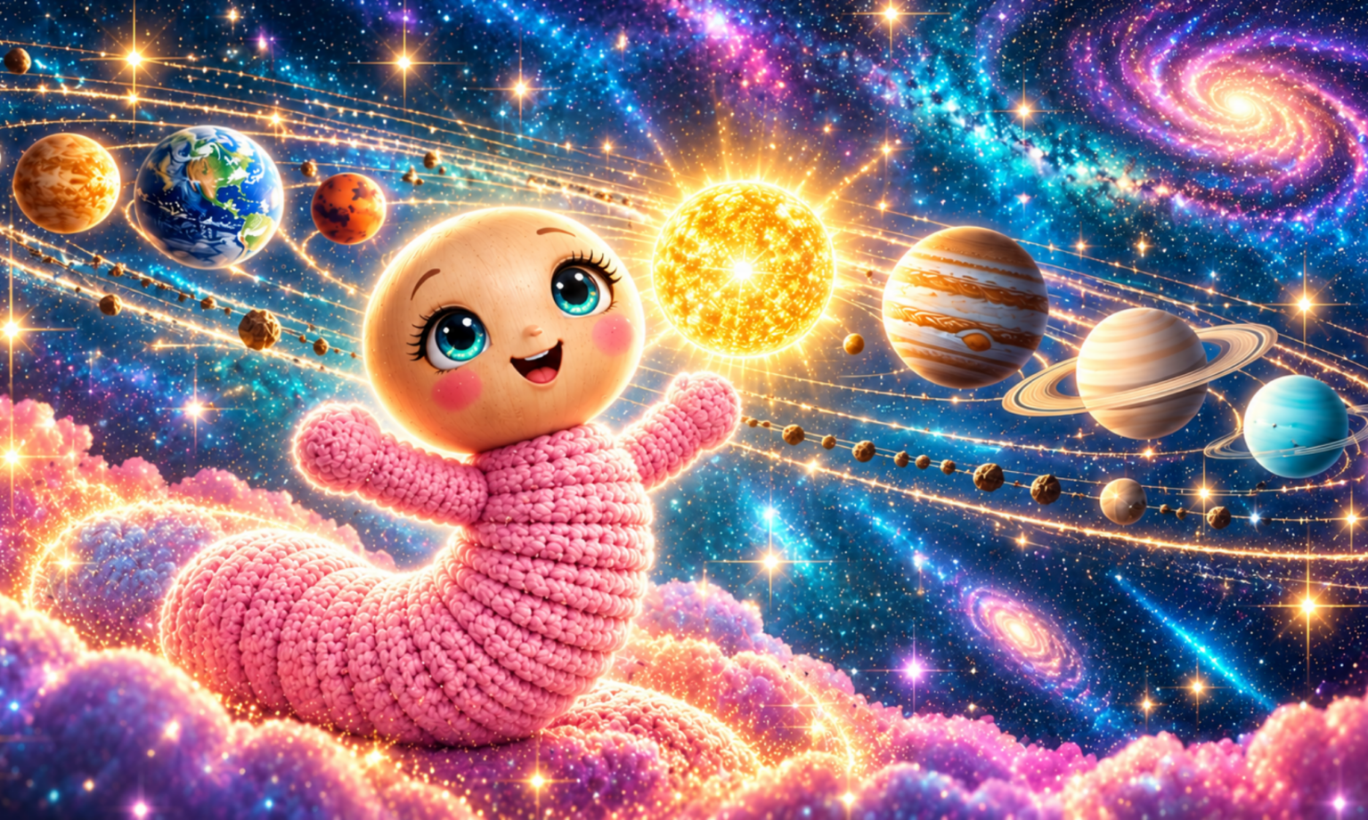 Rosafarbenes Glückswürmchen mit großen, leuchtenden Augen in Aqua Petrol und fröhlichem Lächeln. Umgeben von funkelnden Sternen, bunten Planeten und Galaxien im magischen Glückswürmchen Universum.